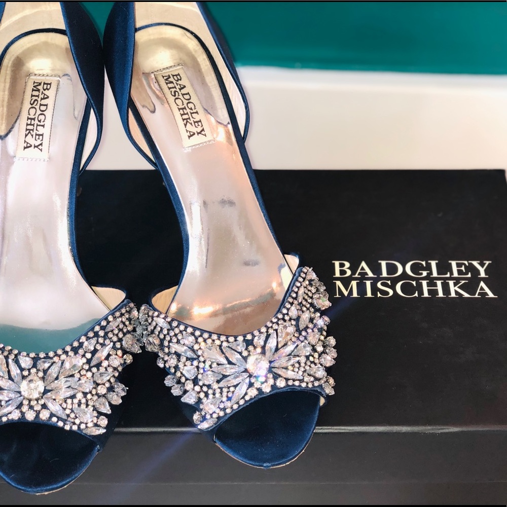 Badgley Mischka Navy Satin Peep-toe Pumps